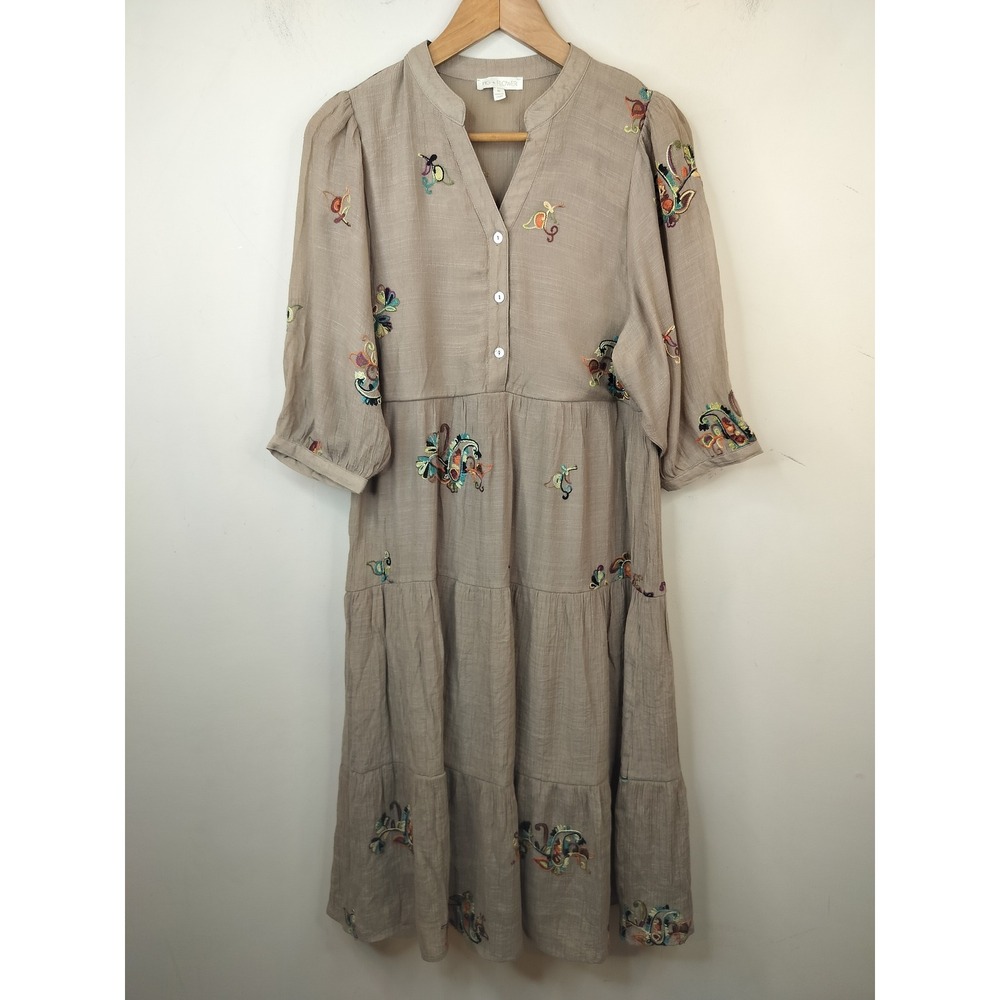 Fig & Flower Floral Embroidered Midi Dress Medium Button Up Tiered Boho Taupe